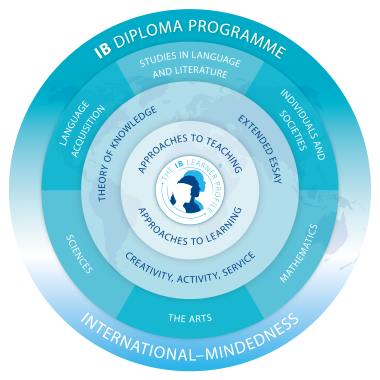 Graphic model of the IB Diploma Programme. A circle with different elements.